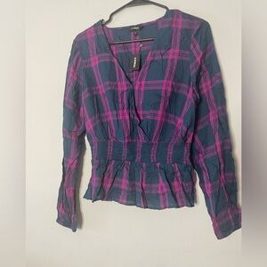 Express Pink and Blue Plaid Blouse Size M